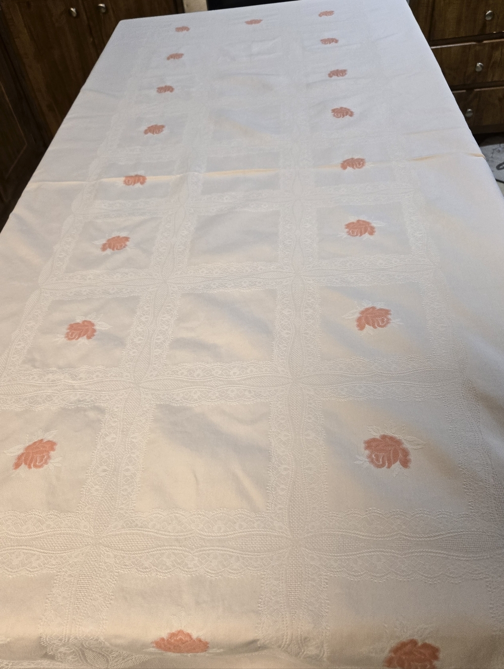 Vintage Irisette:White Tablecloth with Pink Rose Embroidery - Home Dining